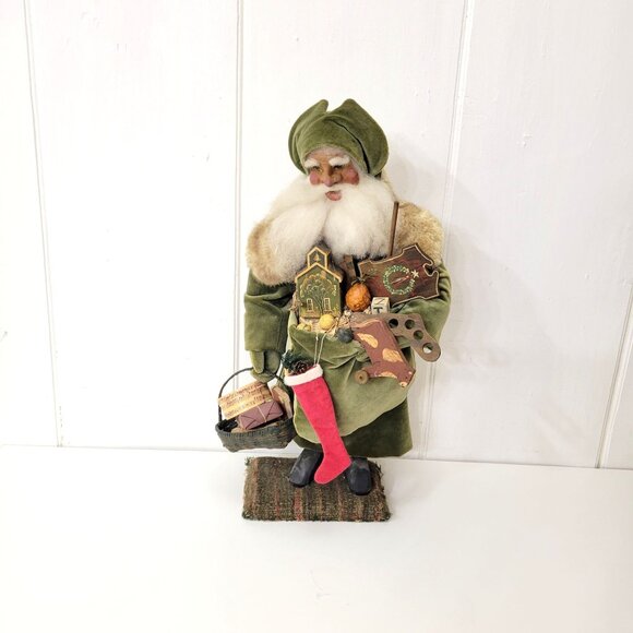 Primitive Handcrafted Father Christmas Santa Claus Figurine With Velvet Coat & F - Picture 8 of 8